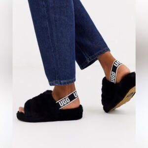 UGG Black Fuzzy Slippers